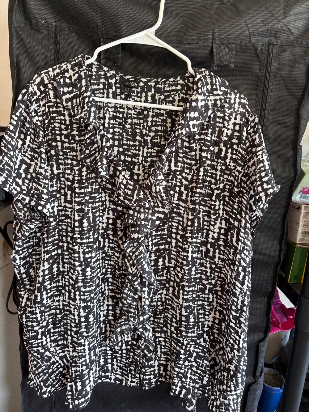 East 5th Black and White Abstract Ruffle-Front Blouse